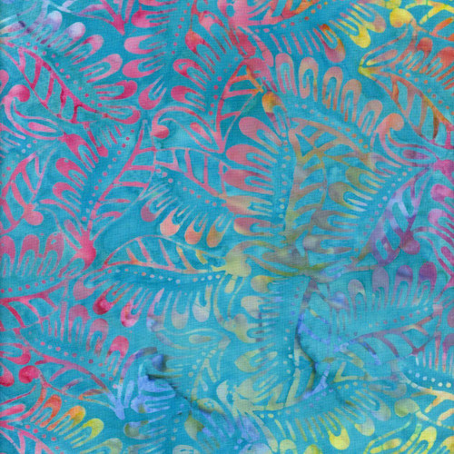 Timeless Treasures Fabrics 108 Inch Wide Tonga Batik Quilt Backing Pearled Leaves Cabo, colorful fabric with a blue background and pastel pink, yellow, and purple leaf patterns.