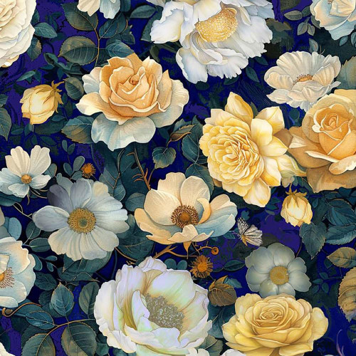 Timeless Treasures Fabrics Lumiere Midnight Floral Navy Blue Yellow Cream, floral fabric with white, yellow, and cream flowers and green leaves on a navy blue background.