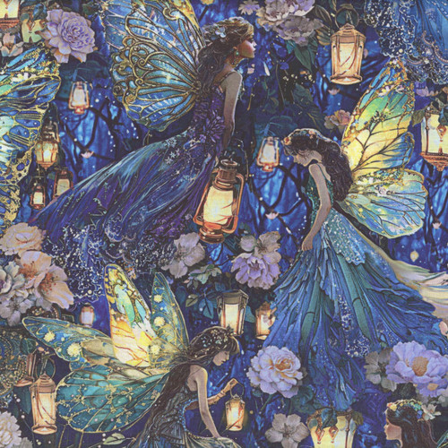 Timeless Treasures Fabrics Lumiere Lantern Fairy Floral Multi Blue Purple Green
