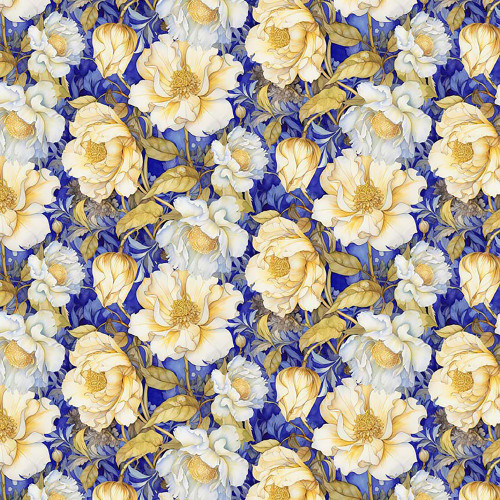 Timeless Treasures Fabrics Lumiere Night Floral Field Blue Blue Yellow Cream