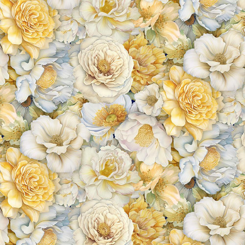 Timeless Treasures Fabrics Lumiere Packed Flower Heads Cream Yellow Grey, floral fabric pattern with large cream, yellow, and grey flower heads.