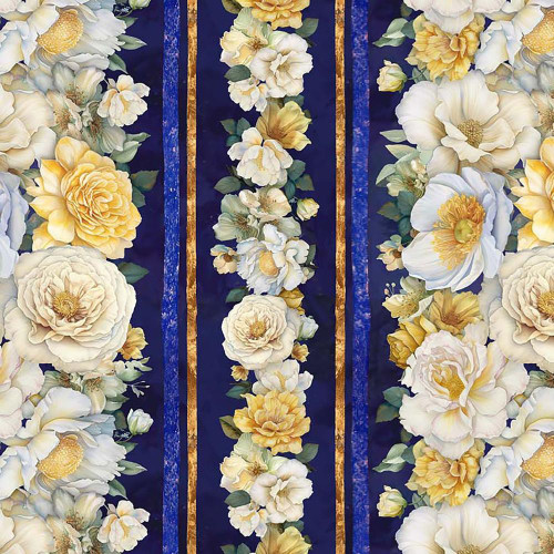 Timeless Treasures Fabrics Lumiere Lumiere Floral Repeating Stripe 11 Inch Night Blue Yellow Cream, floral pattern with large cream and yellow flowers and green leaves on a dark blue background with gold striped accents.