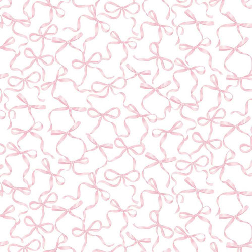 Timeless Treasures Fabrics Pretty In Pink Ribbon Bows Bows Pink White, fabric pattern featuring pink ribbon bows arranged in a repeating pattern on a white background.