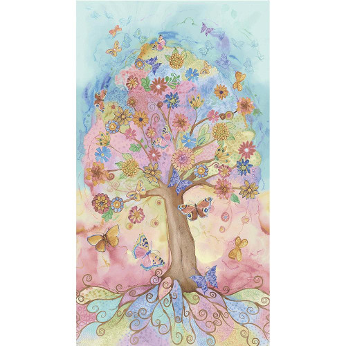 Timeless Treasures Fabrics Love Spell Tree Of Life Panel 24 Multi Pink Blue Yellow, a colorful fabric panel featuring a whimsical tree of life with blooming flowers and fluttering butterflies in pastel shades of pink, blue, yellow, and green.