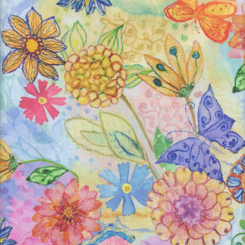 Timeless Treasures Fabrics Love Spell Watercolor Butterfly Floral Multi Blue Pink, colorful watercolor floral pattern with butterflies, flowers, and leaves.