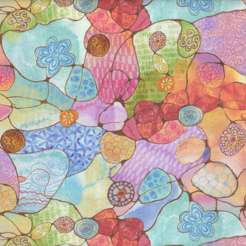 Timeless Treasures Fabrics Love Spell Love Spell Collage Multi Pink Red, colorful fabric with abstract floral and geometric patterns.