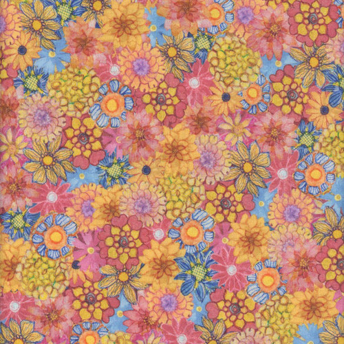 Timeless Treasures Fabrics Love Spell Packed Flowers Pink Pink Red, colorful floral fabric with pink, red, yellow, purple, and blue flowers on a light blue background