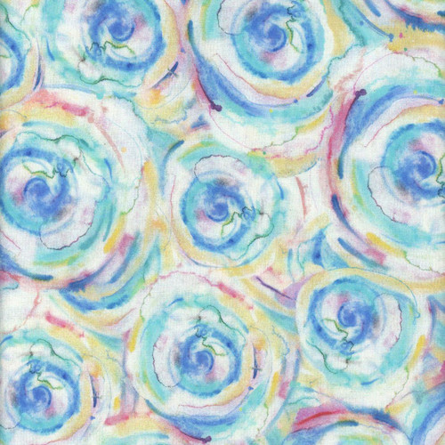 Timeless Treasures Fabrics Love Spell Tie Dye Swirls Spell Blue Turquoise Pink, watercolor fabric design with colorful swirl tie dye pattern in shades of blue, turquoise, pink, and yellow.