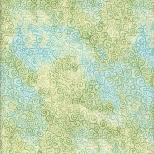 Timeless Treasures Fabrics Love Spell Scroll Swirls Green Blue, fabric with green and blue swirling scroll pattern.