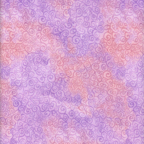 Timeless Treasures Fabrics Love Spell Scroll Swirls Purple Pink, close-up of fabric with purple and pink swirling scroll pattern.