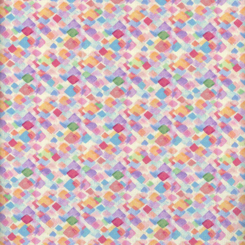 Timeless Treasures Fabrics Love Spell Confetti Diamonds Multi Pink Red, colorful fabric with a pattern of small, overlapping diamond shapes in pink, red, purple, blue, green, and orange.