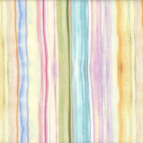 Timeless Treasures Fabrics Love Spell Watercolor Love Stripe Multi Pink Red, vibrant multi-colored watercolor striped fabric with pink, red, orange, yellow, green, blue, and purple hues.
