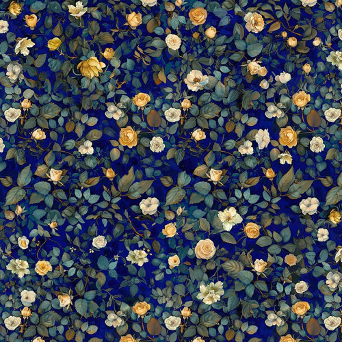 Timeless Treasures Fabrics Lumiere Mini Roses And Leaves Sapphire Blue Yellow Cream, fabric with a floral pattern of small roses and leaves in sapphire blue, yellow, cream, and green tones.