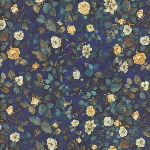 Timeless Treasures Fabrics Lumiere Mini Roses And Leaves Sapphire Blue Yellow Cream