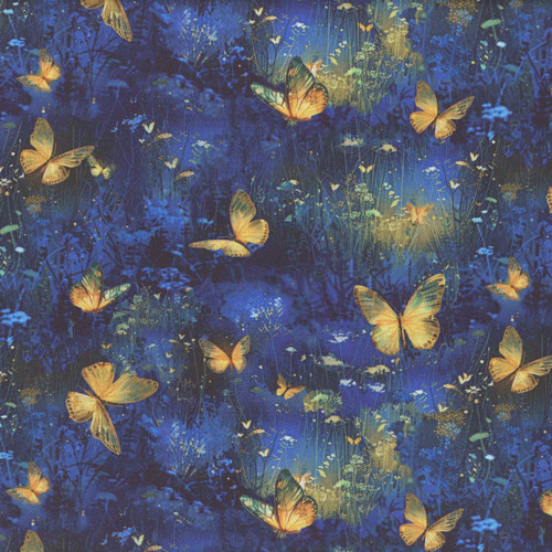 Timeless Treasures Fabrics Lumiere Luminous Butterflies Royal Blue Yellow