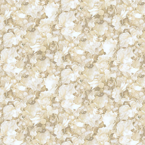 Timeless Treasures Fabrics Lumiere Packed Leaves Ecru Cream Grey, floral fabric pattern with leaves and berries in soft neutral tones.