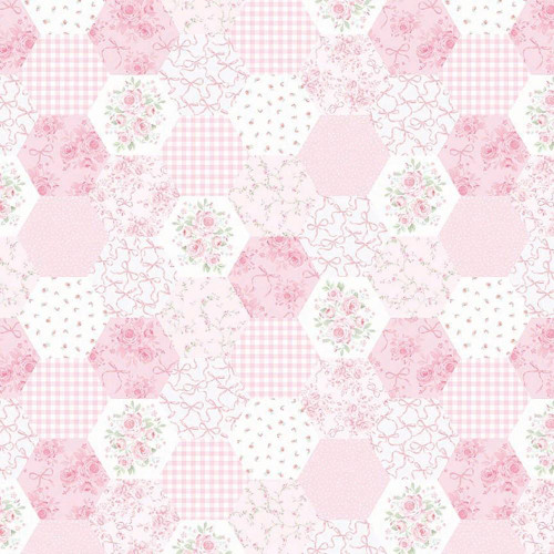 Timeless Treasures Fabrics Pretty In Pink Pretty In Pink Hexagons Pink, pink hexagon quilt fabric with floral, gingham, and ribbon patterns.