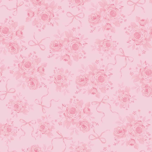 Timeless Treasures Fabrics Pretty In Pink Tonal Rose Bouquets Rose Pink, floral pattern with pink roses and bows on a pink background.
