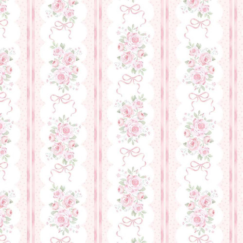 Timeless Treasures Fabrics Pretty In Pink Ribbon Floral Repeating Stripe White, a floral fabric pattern with pink roses and ribbons on a white background.
