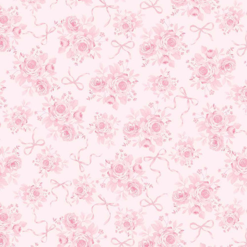 Timeless Treasures Fabrics Pretty In Pink Tonal Rose Bouquets Pink, fabric with a soft pink background featuring a floral pattern of rose bouquets and ribbons in varying shades of pink.