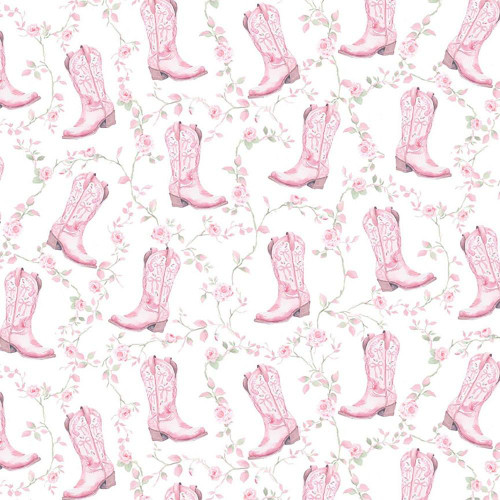 Timeless Treasures Fabrics Pretty In Pink Roses & Cowgirl Boots Ballet Pink, pink cowboy boots with floral patterns and roses on a white background.