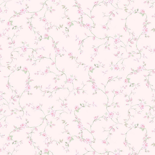 Timeless Treasures Fabrics Pretty In Pink Rose Vines Lemonade Pink, floral fabric pattern with pink roses and green vines on a light pink background.