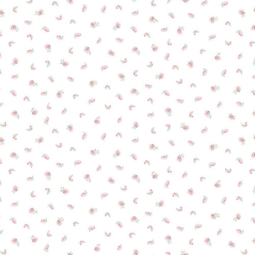 Timeless Treasures Fabrics Pretty In Pink Rosebuds Buds Pink White, a fabric with a delicate pattern of pink rosebuds and green leaves on a white background.