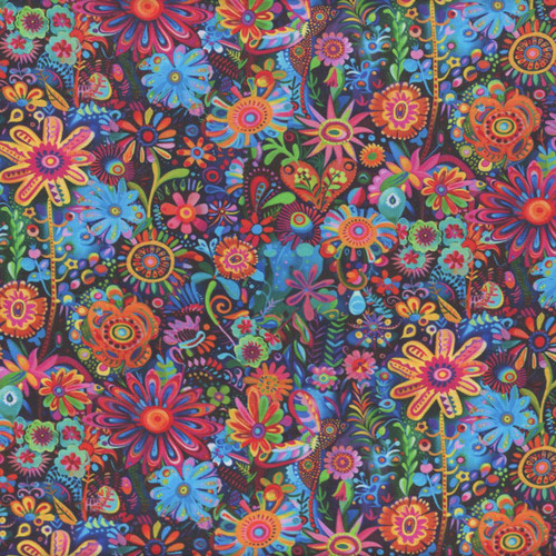 Timeless Treasures Fabrics Purrfect Patchwork Folk Art Floral Brite fabric, colorful floral pattern with bright neon-like flowers on a dark background.