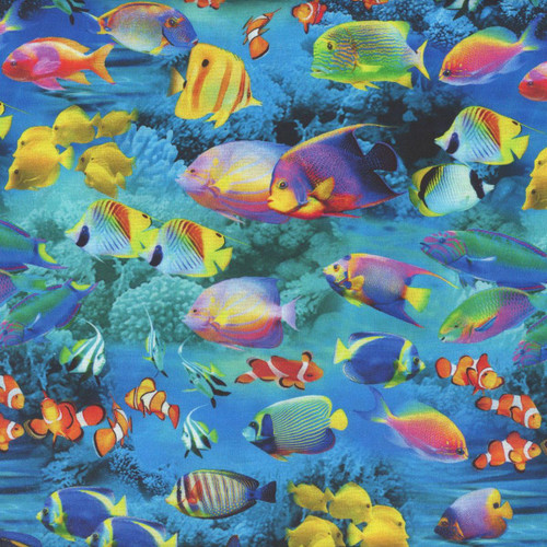 Timeless Treasures Fabrics Underwater Paradise Coral Reef Fish Reef Blue, vibrant underwater scene featuring colorful tropical fish and coral reef background.