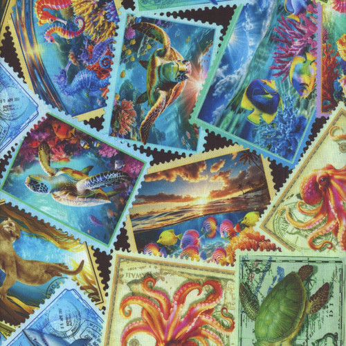 Timeless Treasures Fabrics Underwater Paradise Sea Life Stamps Multi Blue