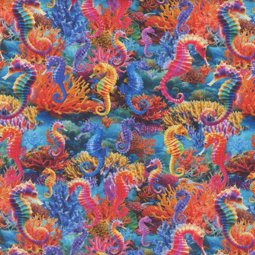 Timeless Treasures Fabrics Underwater Paradise Sea Horses Coral Blue Orange