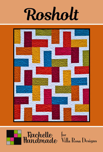 Villa Rosa Designs Rosholt Pattern quilt with colorful geometric blocks in red, orange, blue, green, and yellow, on white background