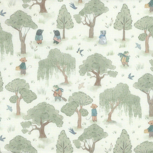 Dear Stella Fabrics Woodland Willow Woodland Willow Multi Green Cream, fabric with a woodland pattern featuring trees, bears, frogs, birds, and animals in pastel colors.