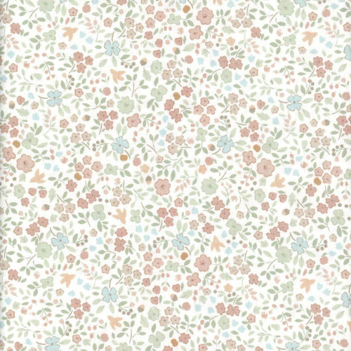Dear Stella Fabrics Woodland Willow Blossoming Whisper Cream, floral fabric with pastel-colored small flowers and green leaves on a cream background.