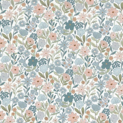 Dear Stella Fabrics Woodland Willow Field Of Dreams Whisper Cream, floral fabric pattern with pastel pink, blue, and green flowers on a white background.