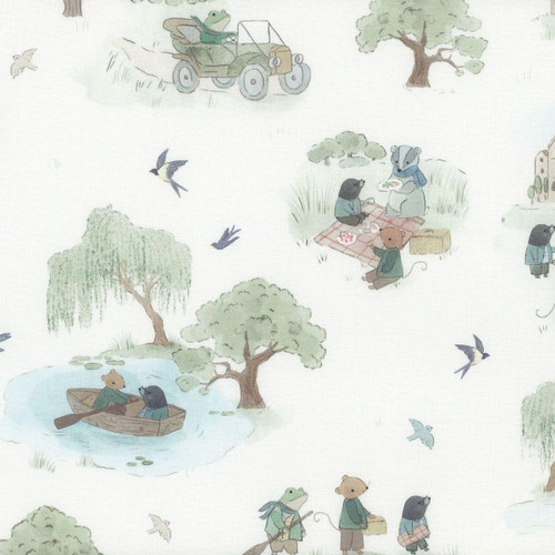 Dear Stella Fabrics Woodland Willow Country Living Whisper Cream, fabric pattern featuring a whimsical woodland scene with animals, trees, and birds in soft pastel colors.