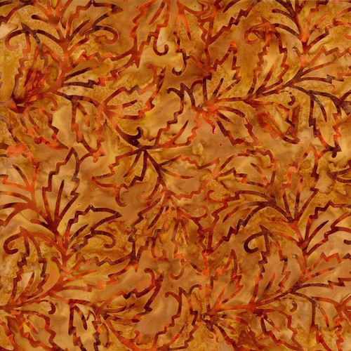Timeless Treasures Fabrics Ember Tonga Batiks Rust Brown Fig Leaves, intricate batik fabric featuring a pattern of fig leaves in rust and brown shades.