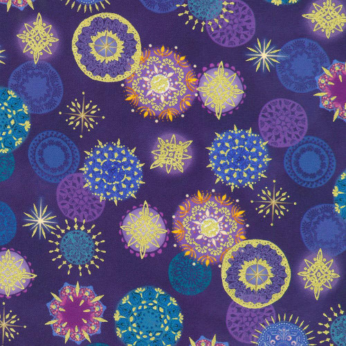 Robert Kaufman Fabrics Star of Wonder Starry Mandala Skies Noble Purple, vibrant fabric with colorful star and mandala patterns on a deep purple background.
