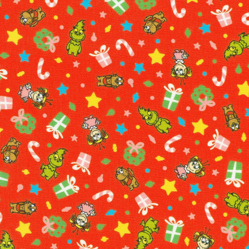 Robert Kaufman Fabrics Little Grinch Dr Seuss Characters Tossed Cindy Loo Max Grinch Gifts Red, detailed close-up of fabric with Grinch characters, Christmas-themed presents, candy canes, stars, and holiday elements on a red background.