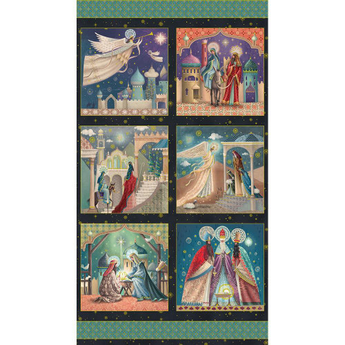 Robert Kaufman Fabrics Star of Wonder Nativity Scene Panel Celebration Green Purpl Blue, colorful nativity scene illustrations with angels, Mary, Joseph, shepherds, and wise men.