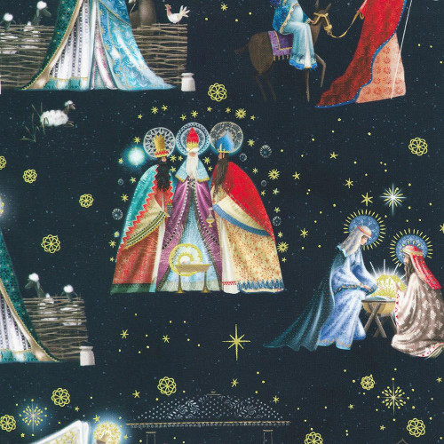 Robert Kaufman Fabrics Star of Wonder Mary Joseph Jesus Wise Men Midnight Blue, a fabric with a detailed nativity scene and stars on a dark blue background.
