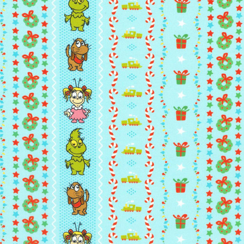 Robert Kaufman Fabrics Little Grinch Dr Seuss Grinch Max Cindy Loo Candy Stripe Blue, a festive holiday fabric featuring characters and Christmas patterns.