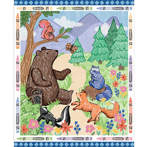 Riley Blake Fabrics Crayola Colorful Critters Crayon Animal Panel 36, colorful illustrated woodland scene featuring a bear, raccoon, foxes, squirrel, butterfly, and trees surrounded by flowers.