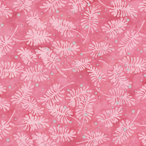 Windham Fabrics Anthology Batiks Jacqueline de Jonge Wonderful Feeling Petal Pink Pine Leaves, fabric with pink pine leaves and silver dots on a pink background.