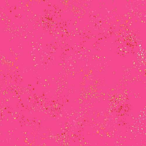 Moda Fabrics Speckled Ruby Star Society Playful Speckled Texture, pink fabric with gold and pink speckles.