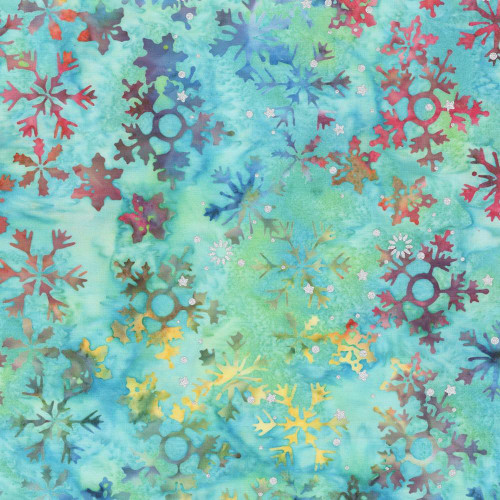 Windham Fabrics Anthology Batiks Jacqueline de Jonge Wonderful Feeling Bright Lights Snowflakes, colorful snowflake pattern on a vibrant fabric background.