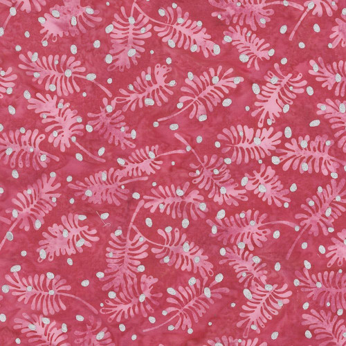Windham Fabrics Anthology Batiks Jacqueline de Jonge Wonderful Feeling Fuchsia Pink Pine Leaves, vibrant pink fabric with pink pine leaf patterns and white dots.