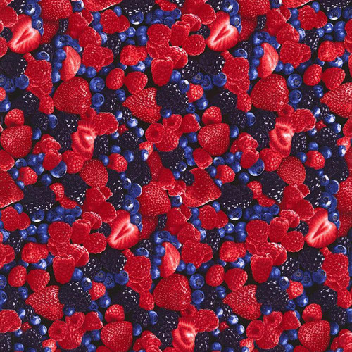 Timeless Treasures Fabrics Fruit Bowl Berries Berry, fabric featuring a vibrant pattern of assorted strawberries, raspberries, blackberries, and blueberries.