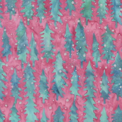 Windham Fabrics Anthology Batiks Jacqueline de Jonge Wonderful Feeling Pink Christmas Trees, colorful batik fabric with pink, green, and blue Christmas tree silhouettes and white dot accents.