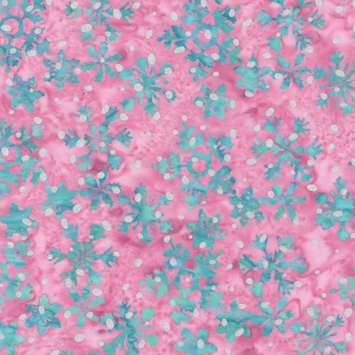 Windham Fabrics Anthology Batiks Jacqueline de Jonge Wonderful Feeling Pink Snowflakes, close-up of pink fabric with blue snowflake patterns and silver dots.